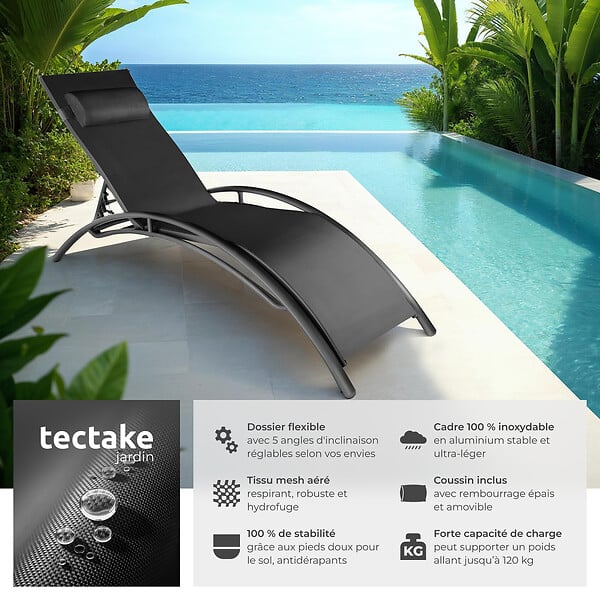 TECTAKE - 2 chaises longues en aluminium, à 5 niveaux noir - large