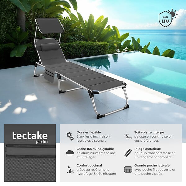 TECTAKE - Chaise longue en aluminium Lorella, rembourrée et pliable gris - large