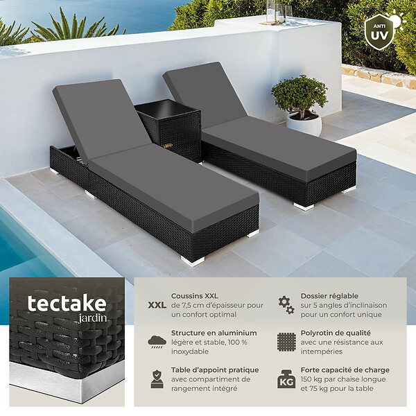 TECTAKE - Lot 2 chaises longues rotin aluminium noir avec table d appoint rangement 184x60x21 cm - large