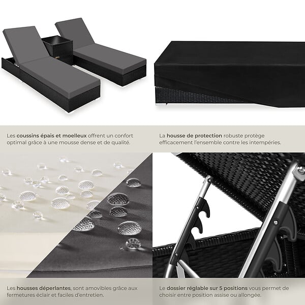 TECTAKE - Lot 2 chaises longues rotin aluminium noir avec table d appoint rangement 184x60x21 cm - large