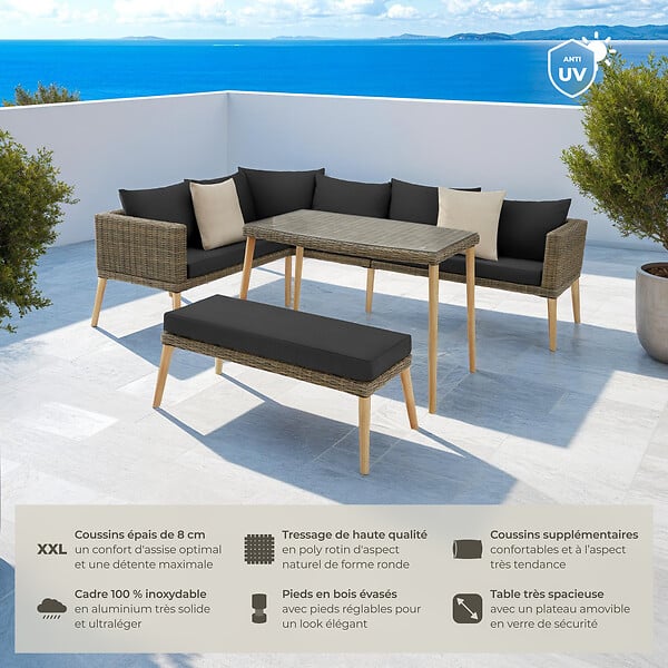TECTAKE - Salon en rotin avec structure en aluminium Pula marron naturel - large