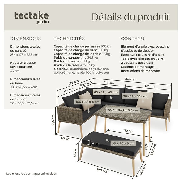 TECTAKE - Salon en rotin avec structure en aluminium Pula marron naturel - large