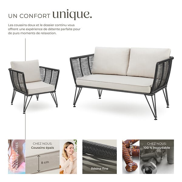 TECTAKE - Salon de jardin SUNDO en résine tressée gris anthracite - large