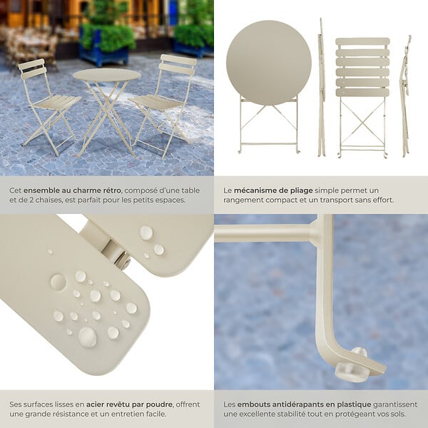 TECTAKE - Ensemble table et chaises bistrot Frieda, pliable pour 2 personnes crème - large