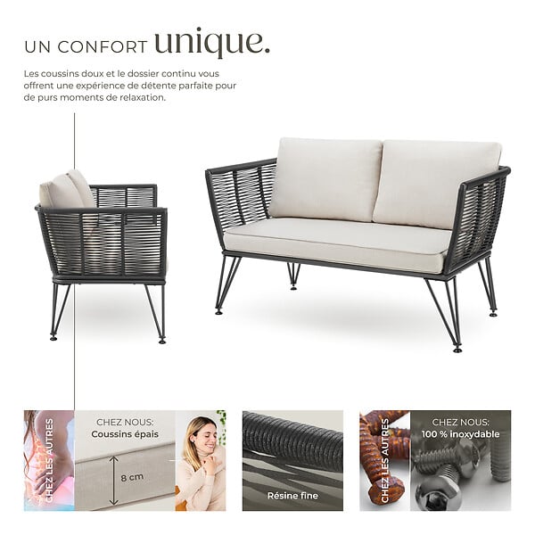 TECTAKE - Canapé de jardin SUNDO en résine tressée gris anthracite - large