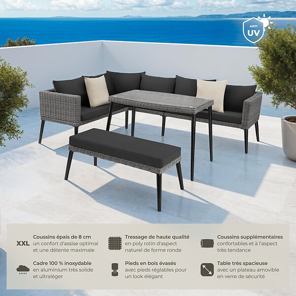 TECTAKE - Salon en rotin avec structure en aluminium Pula gris - large