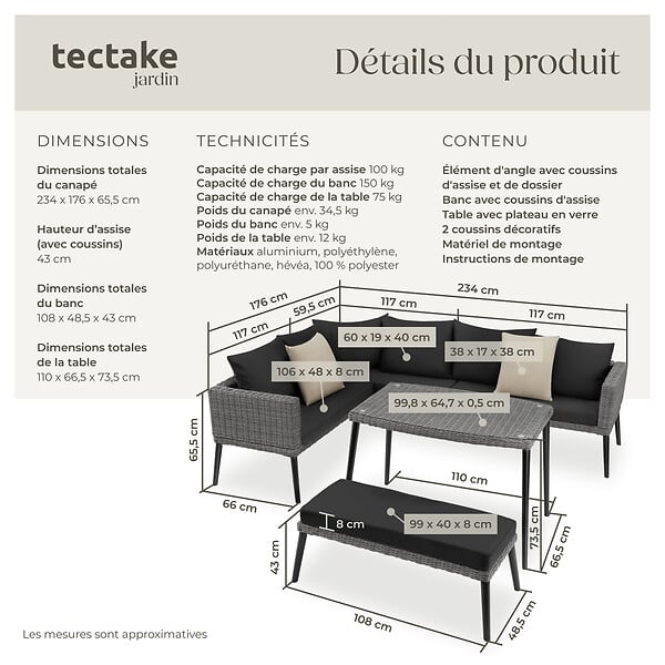 TECTAKE - Salon en rotin avec structure en aluminium Pula gris - large