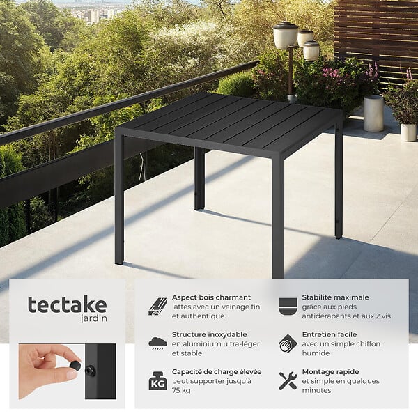 TECTAKE - Table de jardin en aluminium surface de la table en aspect bois noir - large