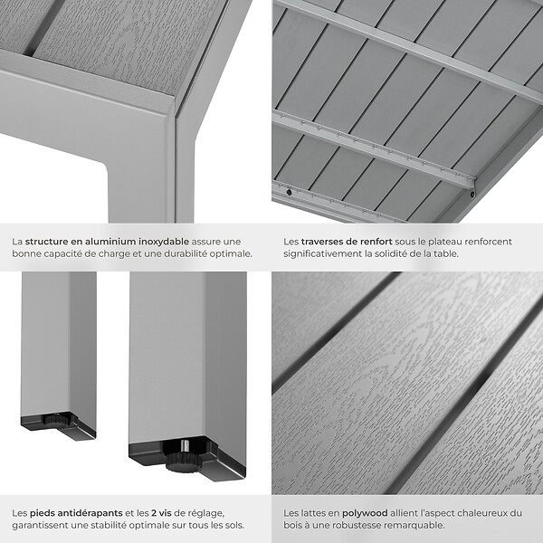 TECTAKE - Table de jardin en aluminium surface de la table en aspect bois argent - large
