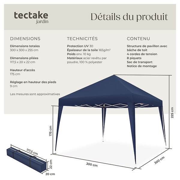 TECTAKE - Tonnelle pliable Linosa 3x3m bleu - large