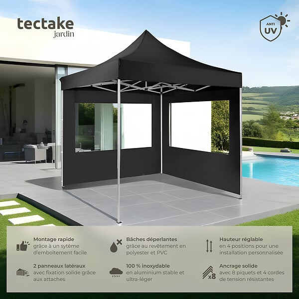 TECTAKE - Pavillon de jardin pliable en aluminium 3 x 3 m avec 2 parois latérales noir - large