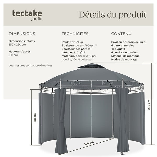 TECTAKE - Tonnelle ⌀ 3,5 m SIANA gris anthracite - large