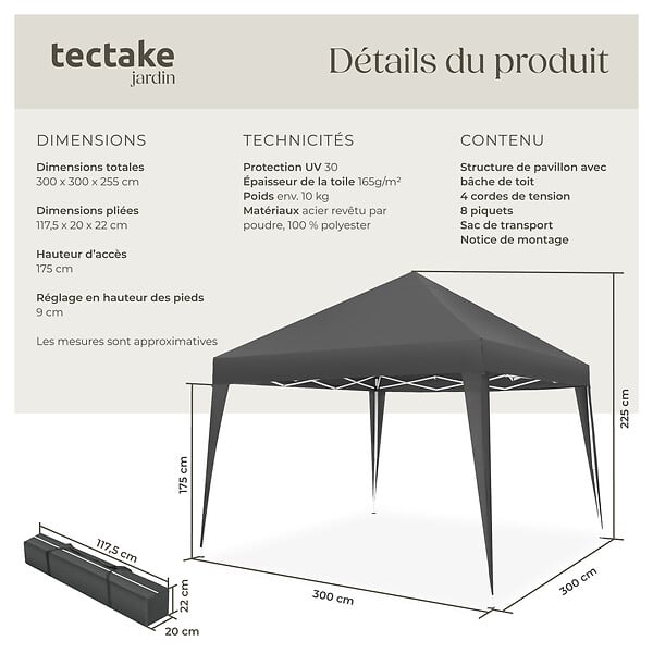 TECTAKE - Tonnelle pliable Linosa 3x3m gris - large