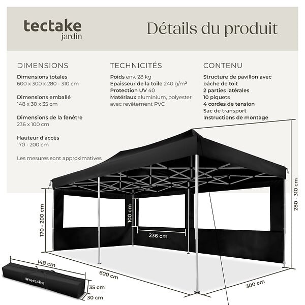 TECTAKE - Tonnelle 6 x 3 m avec 2 rideaux noir - large