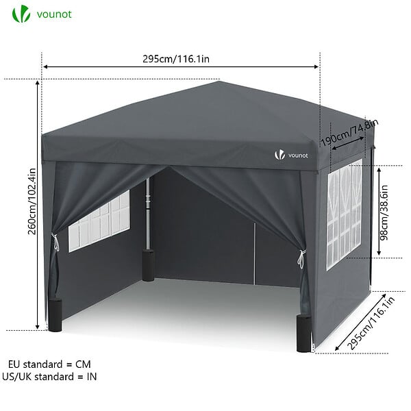 VOUNOT - Tonnelle de Jardin 3x3m Pliable avec portes et fenêtres Gris - large