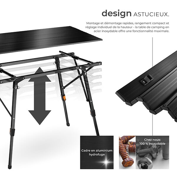TECTAKE - Table de camping Tina en aluminium, pliable et réglable en hauteur noir - large