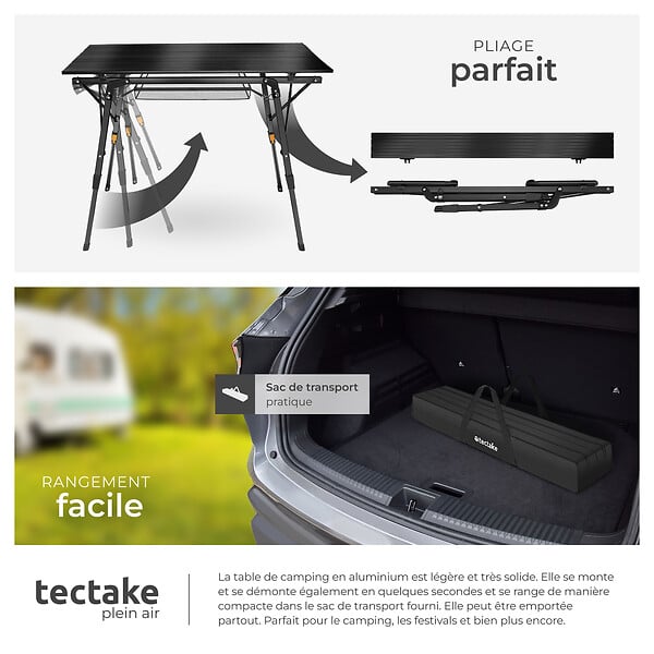 TECTAKE - Table de camping Tina en aluminium, pliable et réglable en hauteur noir - large