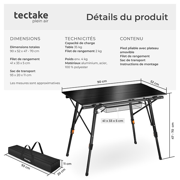 TECTAKE - Table de camping Tina en aluminium, pliable et réglable en hauteur noir - large