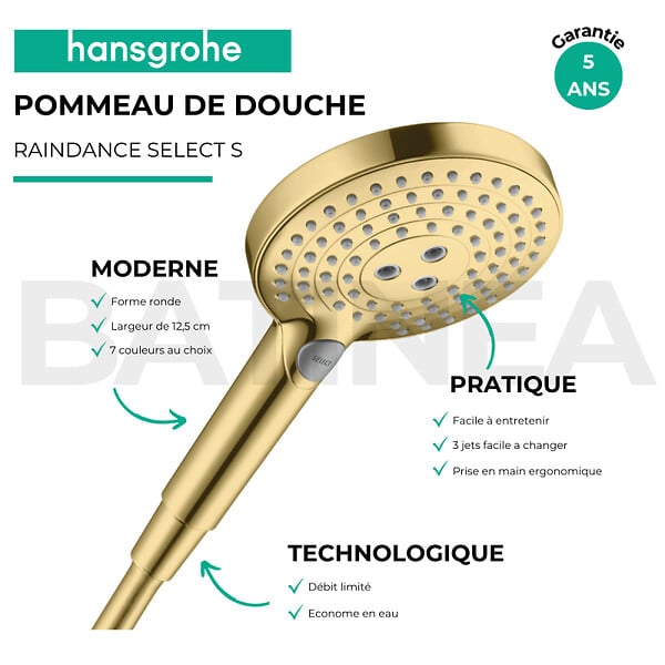 HANSGROHE - Pommeau de douche HANSGROHE Raindance Select S EcoSmart 120 3 jets aspect doré poli + flexible de douche HANSGROHE Designflex 160 cm doré poli - large