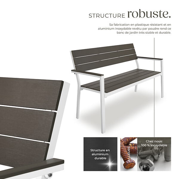 TECTAKE - Banc de jardin Line 2 places avec structure en aluminium 128 x 59 x 88 cm gris clair/blanc - large