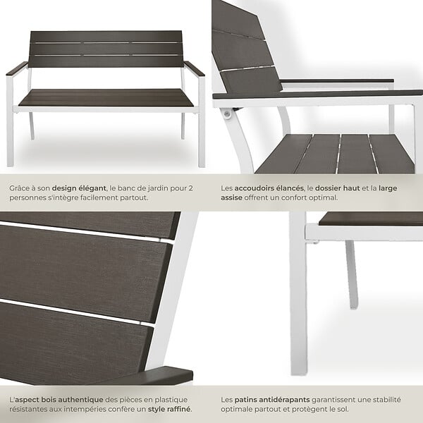TECTAKE - Banc de jardin Line 2 places avec structure en aluminium 128 x 59 x 88 cm gris clair/blanc - large