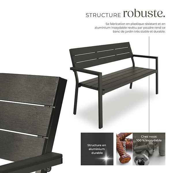 TECTAKE - Banc de jardin Line 2 places avec structure en aluminium 128 x 59 x 88 cm gris foncé - large