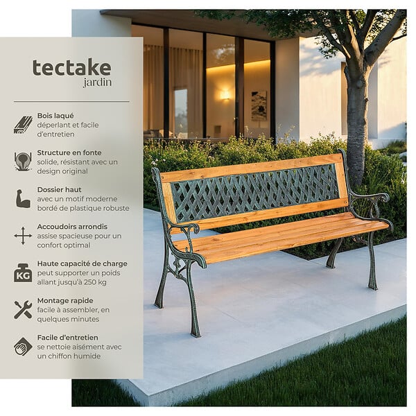 TECTAKE - 2 Places banc de jardin stable robuste résistant au temps bois naturel laqué marron 128 x 51 x 73 cm éléments latéraux en fer de fonte décoratif - large