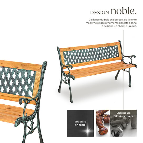 TECTAKE - 2 Places banc de jardin stable robuste résistant au temps bois naturel laqué marron 128 x 51 x 73 cm éléments latéraux en fer de fonte décoratif - large