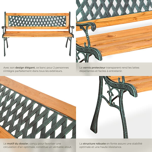 TECTAKE - 2 Places banc de jardin stable robuste résistant au temps bois naturel laqué marron 128 x 51 x 73 cm éléments latéraux en fer de fonte décoratif - large