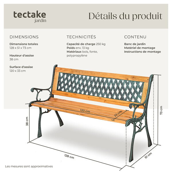 TECTAKE - 2 Places banc de jardin stable robuste résistant au temps bois naturel laqué marron 128 x 51 x 73 cm éléments latéraux en fer de fonte décoratif - large