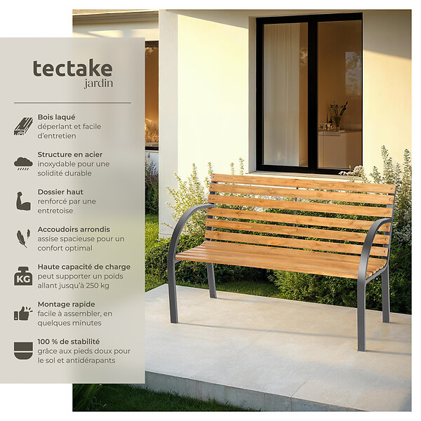 TECTAKE - Banc de jardin 2 places marron en pin de chine 119,5x62x83cm stable robuste résistant temps haut gamme - large