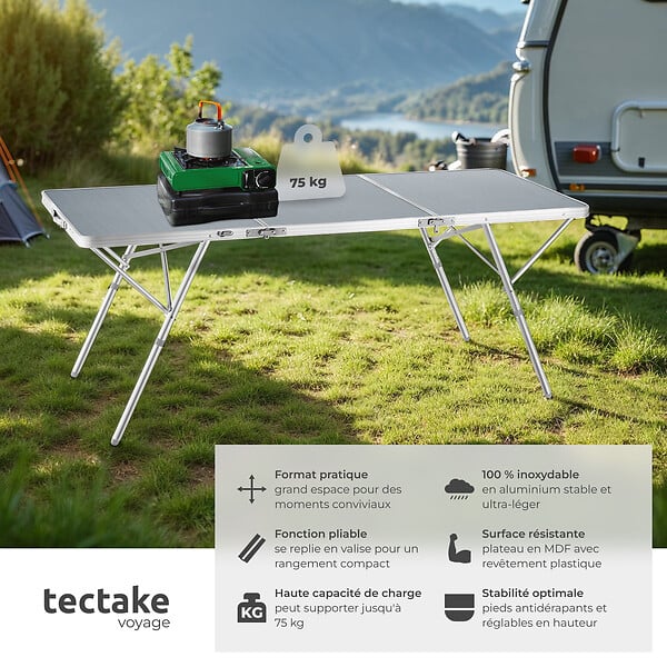 TECTAKE - Table pliante en aluminium Jumbo avec poignée de transport 180 x 70 x 70 cm argent - large