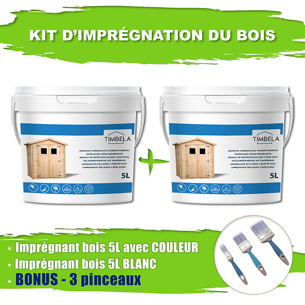 TIMBELA - Lot de produits de protection pour la peinture des maisons en bois – 5 l de blanc + 5 l de chêne foncé - Pour une surface extérieure en bois de 28 à 36 m2 - large