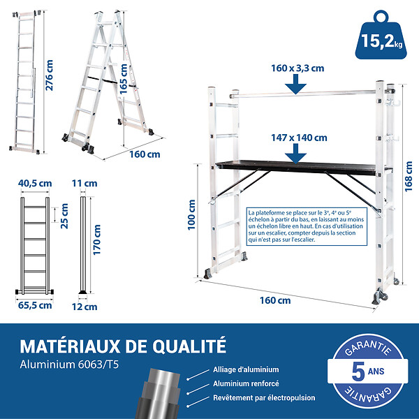 HOSTRÃ–M - HOSTRÖM Echafaudage roulant SCAFFOLDAX2X6, échafaudage jardin et pliant multifonction 4 en 1, échelle 2 plans, H max Travail 4,46m, Garantie 5 ans - large