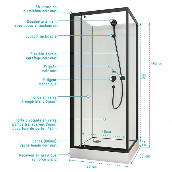 AURLANE - Cabine de douche carrée 80x80x200 cm - Porte pivotante - Fonds Blancs & Profilés Noir Mat - large