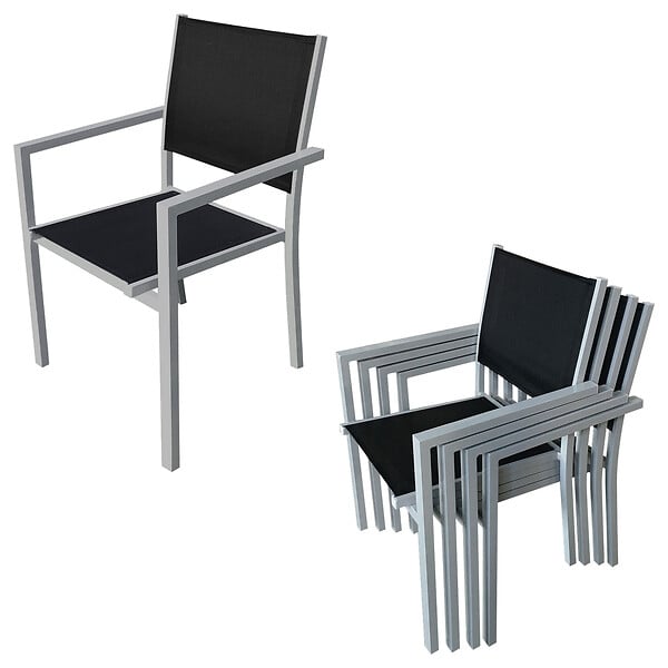 HAPPY GARDEN - Salon de jardin CAPRI extensible en textilène noir 8 places - aluminium gris - large