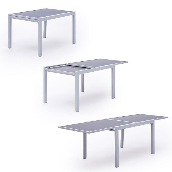 HAPPY GARDEN - Salon de jardin LAMPEDUSA extensible en textilène gris 10 places - aluminium blanc - large
