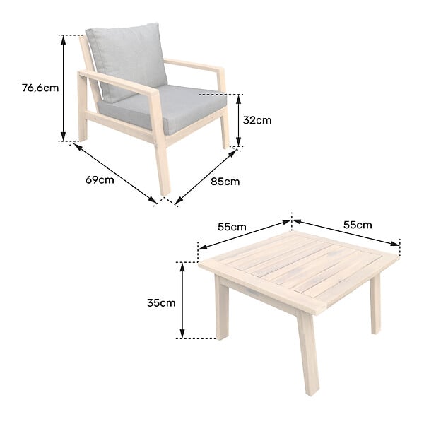HAPPY GARDEN - Salon de jardin en acacia 2 places GILI - coussins gris - large