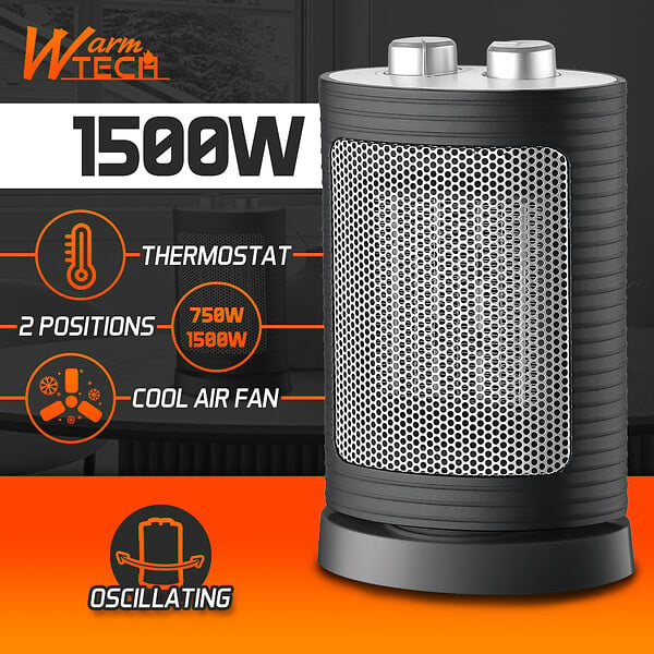 WARMTECH - Radiateur céramique oscillant 1500W - 2 puissances + ventilateur - Avec Thermostat - large