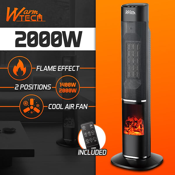 WARMTECH - Radiateur céramique oscillant 2000W avec effet flamme - large
