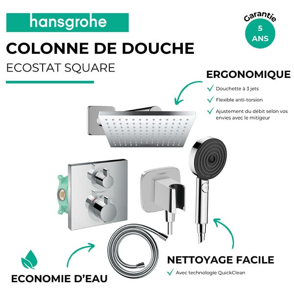 HANSGROHE - Colonne douche thermostatique Ecostat Square Douche de tête Vernis Shape Flexible Designflex Douchette Pulsify chromé - large