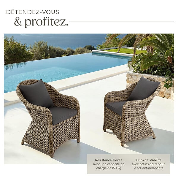TECTAKE - 2 fauteuils en rotin avec structure en aluminium, coussins d'assise et de dossier inclus marron naturel - large