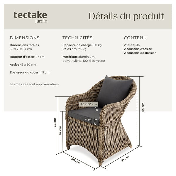 TECTAKE - 2 fauteuils en rotin avec structure en aluminium, coussins d'assise et de dossier inclus marron naturel - large