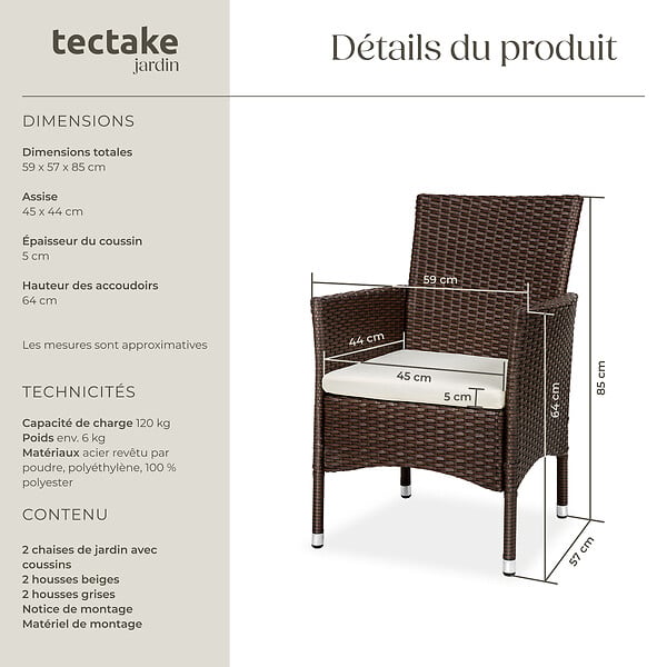 TECTAKE - Lot de 2 fauteuils de jardin en rotin avec 2 sets de housses marron/beige - large