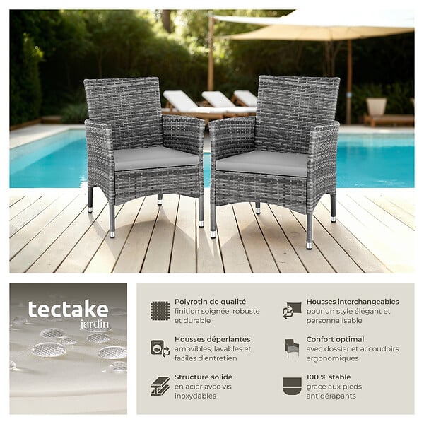 TECTAKE - Lot de 2 fauteuils de jardin en rotin en résine tressée - Gris/Gris clair - large