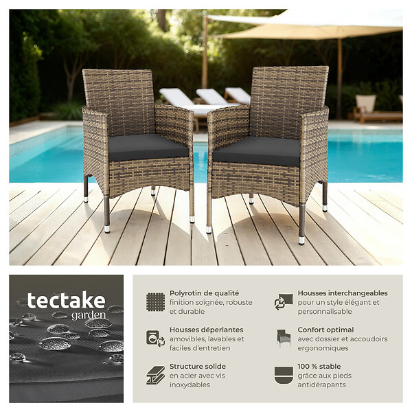 TECTAKE - Lot de 2 fauteuils de jardin en rotin avec 2 sets de housses marron naturel/gris foncé - large