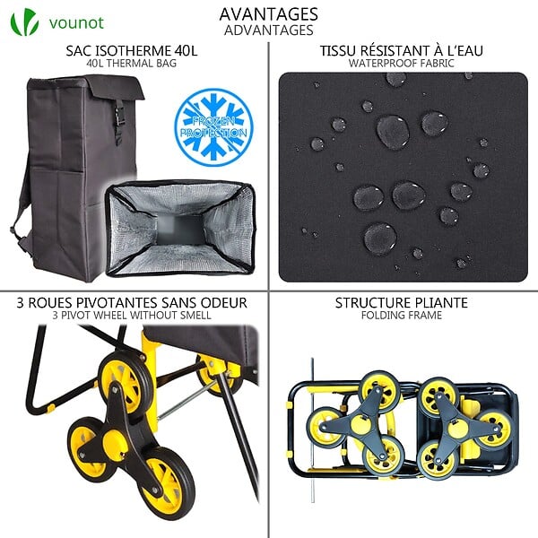 VOUNOT - Chariot de courses pliable avec siege Jaune - large