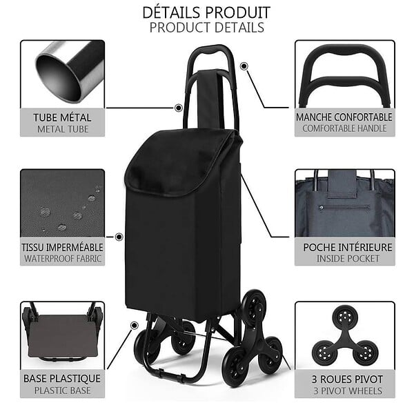 VOUNOT - Chariot de courses pliable monte escalier noir - large