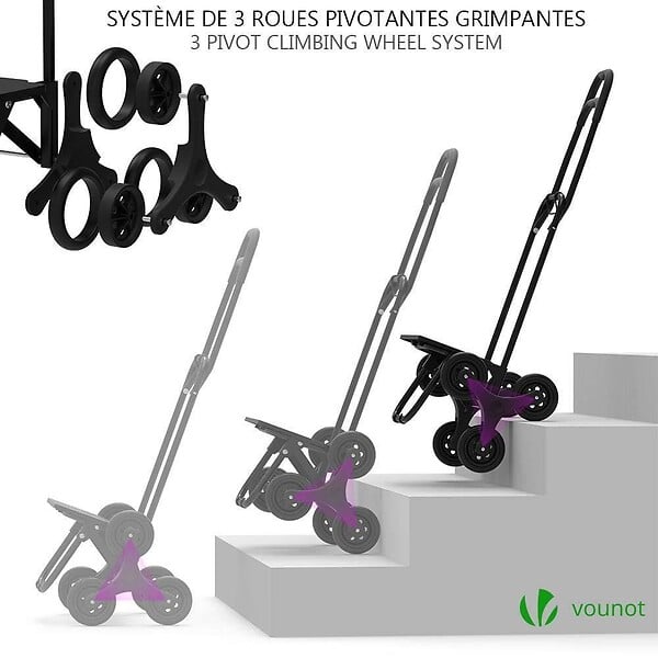 VOUNOT - Chariot de courses pliable monte escalier noir - large