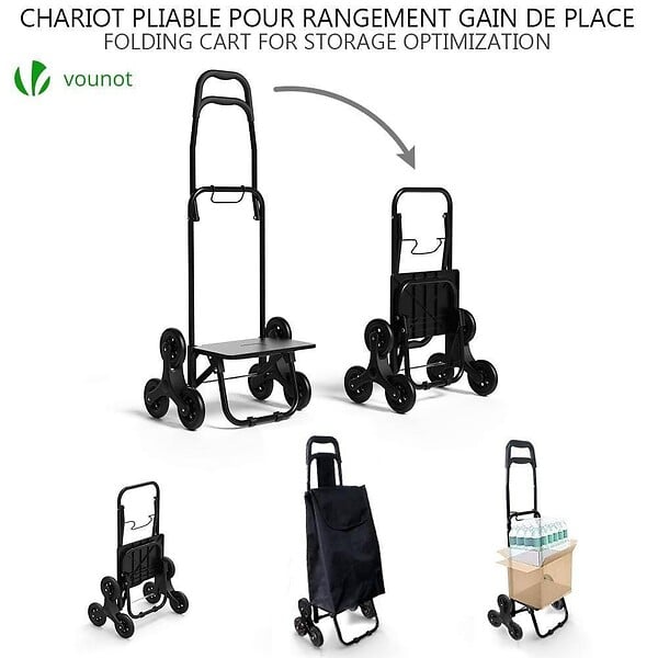 VOUNOT - Chariot de courses pliable monte escalier noir - large